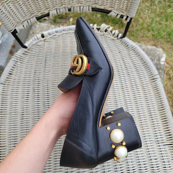 GUCCI Peyton Pearl GG Embellished Web Black Leather Mid-Heel Loafers 37 - Picture 12 of 13